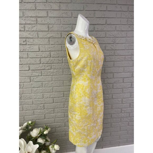 Tahari ASL Yellow White Floral Faux Pearl & Gold Sequin Sheath Dress Size 8 - Picture 3 of 11
